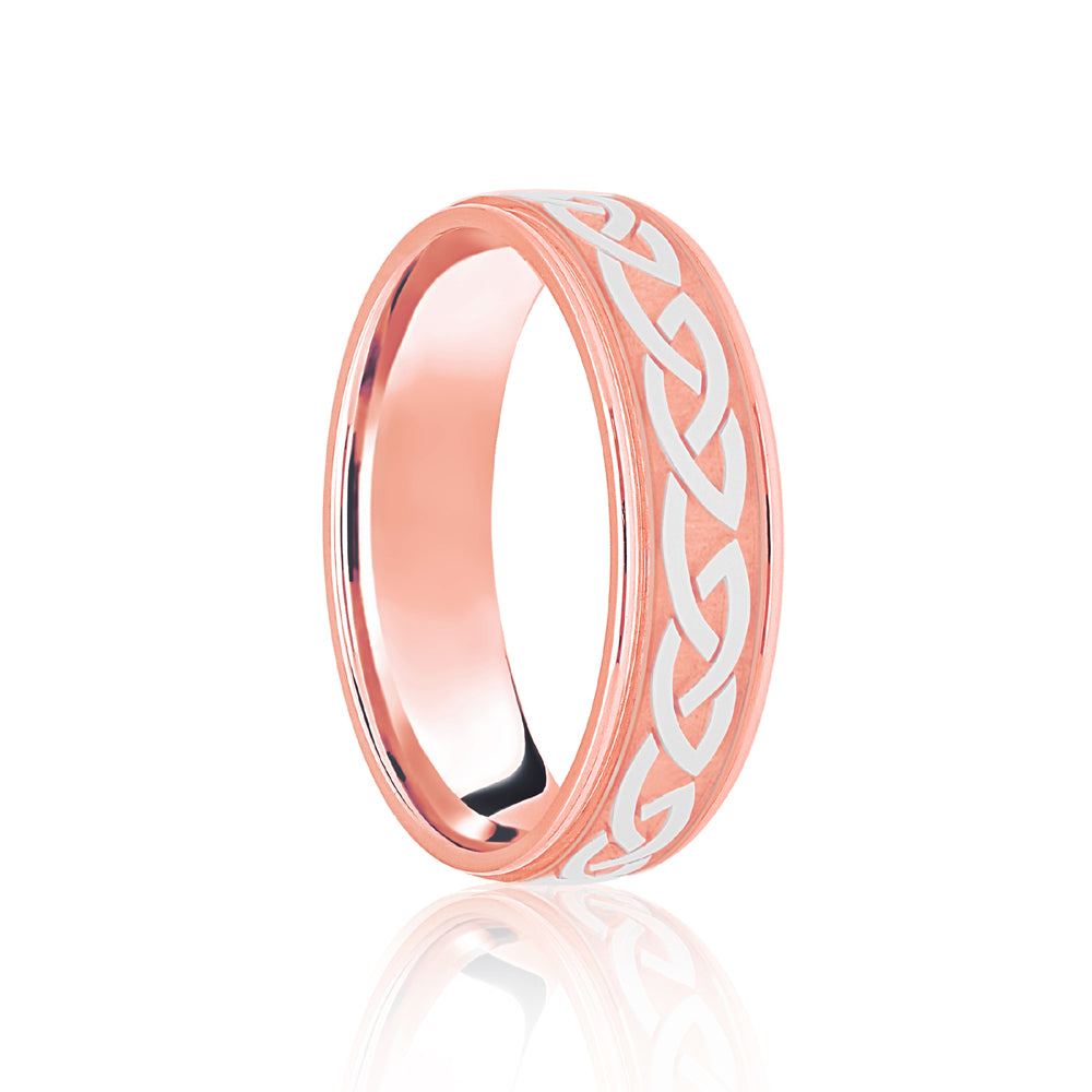 JWR159-18-6 | 18ct Rose & White Flat Court 6mm Celtic Laser Engraved Wedding Band