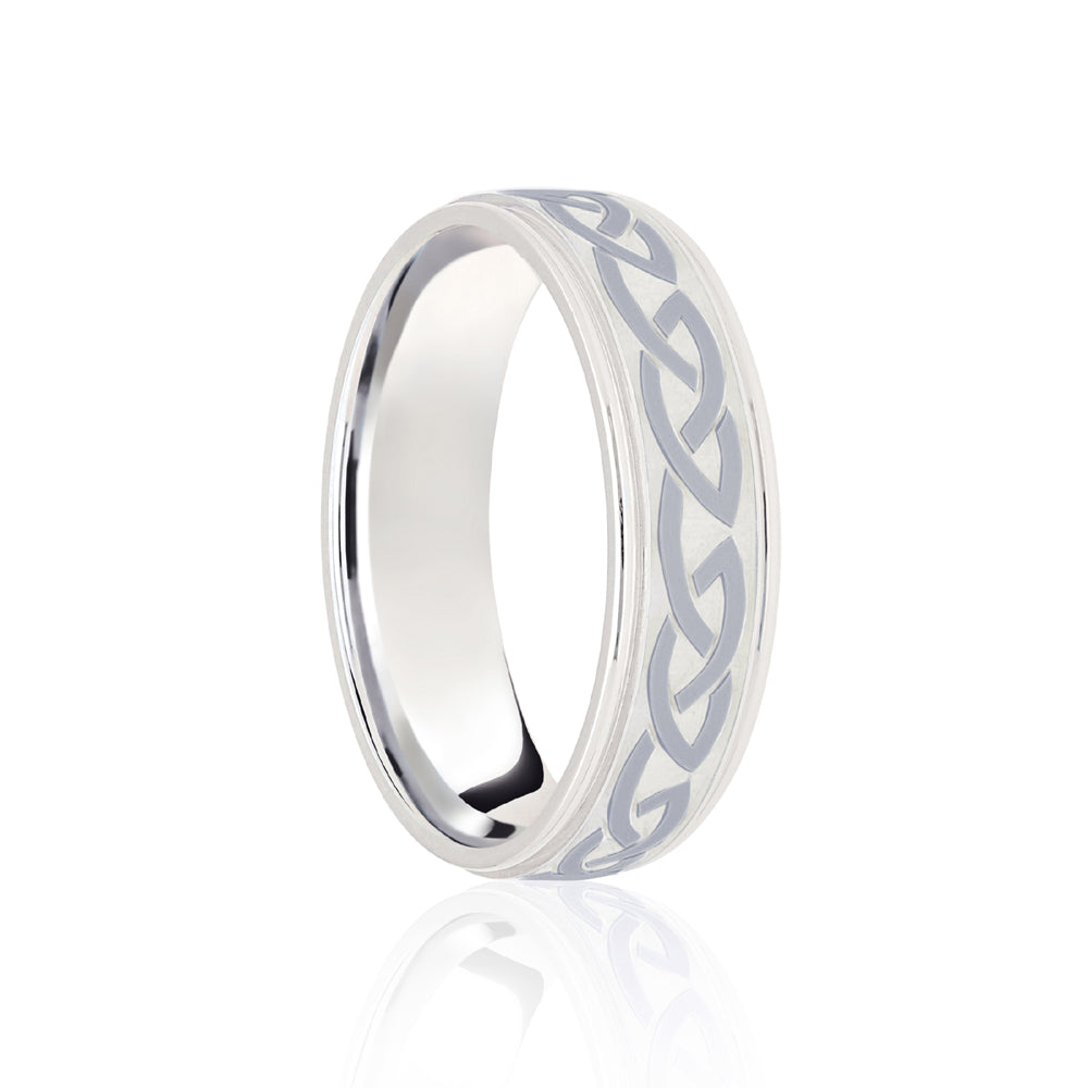 JWR160-18-6 | 18ct White Flat Court 6mm Celtic Laser Engraved Wedding Band