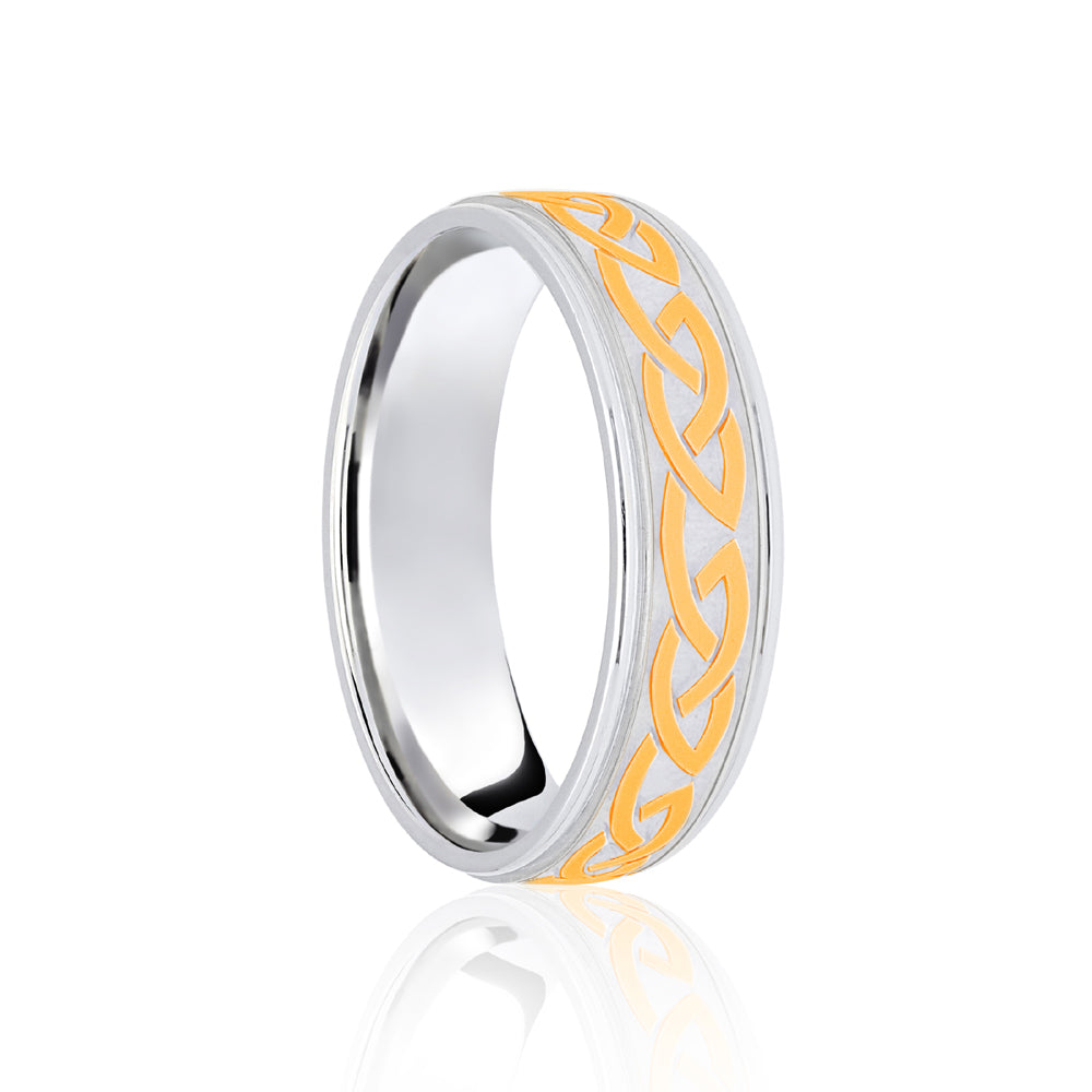 JWR162-18-6 | 18ct White & Yellow Flat Court 6mm Celtic Laser Engraved Wedding Band