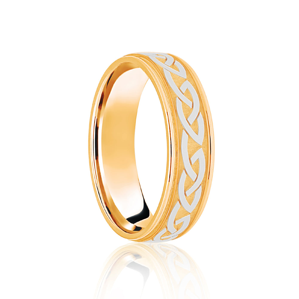 JWR163-9-6 | 9ct Yellow & White Flat Court 6mm Celtic Laser Engraved Wedding Band