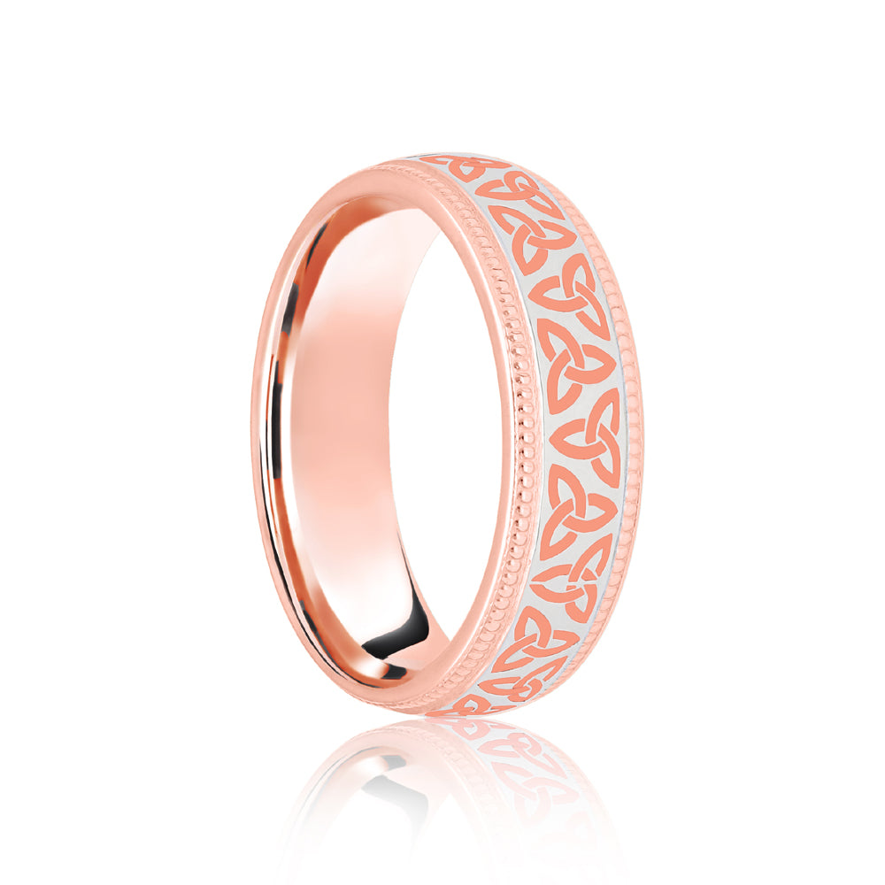 JWR169-18-5 | 18ct Rose & White Court 5mm Celtic Laser Engraved Wedding Band