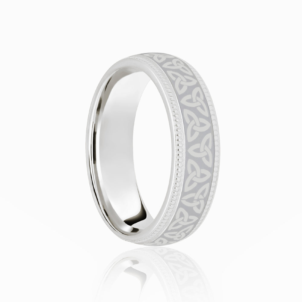 JWR170-18-8 | 18ct White Court 8mm Celtic Laser Engraved Wedding Band