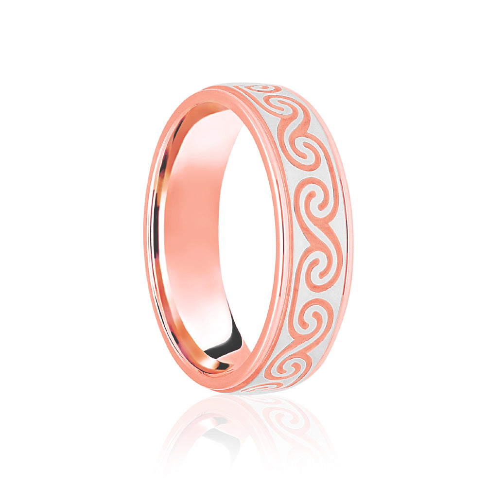 JWR174-18-5 | 18ct Rose & White Flat Court 5mm Celtic Laser Engraved Wedding Band