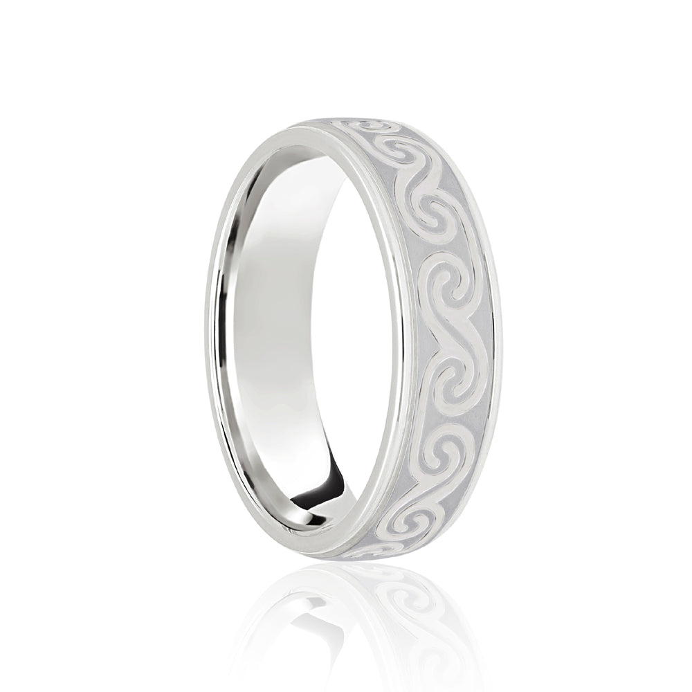 JWR175-18-5 | 18ct White Flat Court 5mm Celtic Laser Engraved Wedding Band