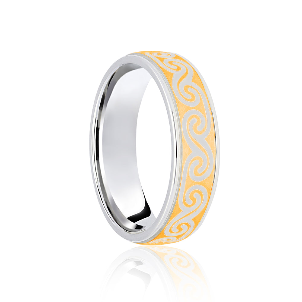 JWR177-9-7 | 9ct White & Yellow Flat Court 7mm Celtic Laser Engraved Wedding Band