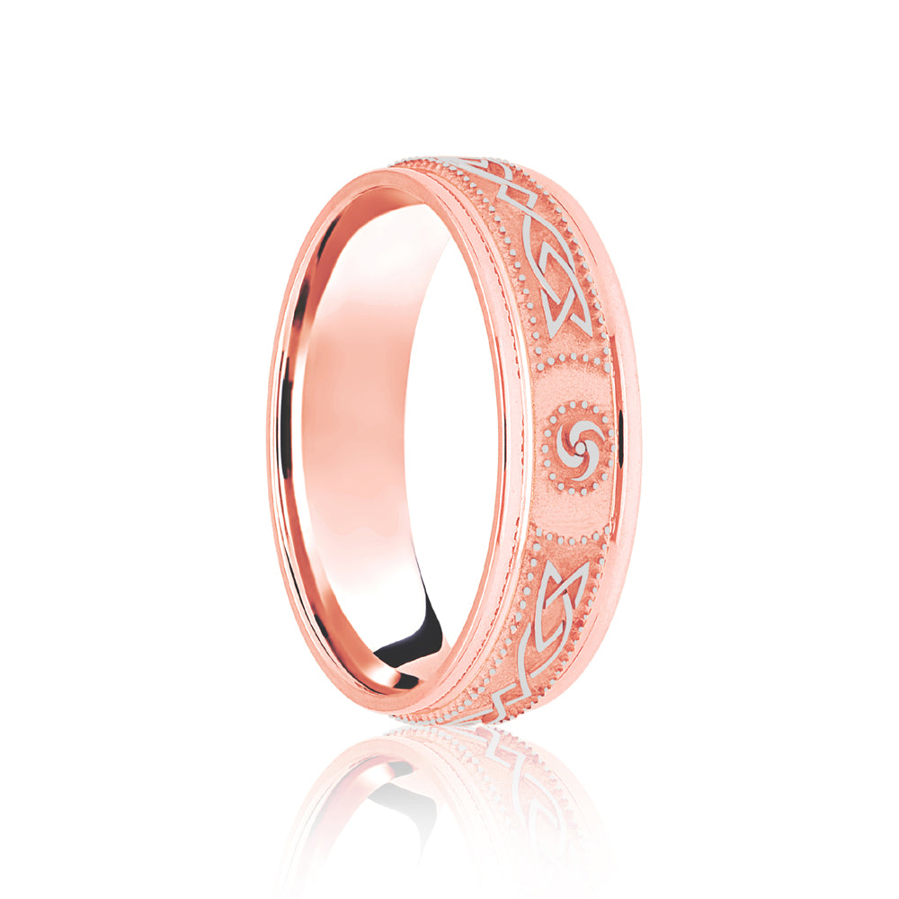 JWR199-18-5 | 18ct Rose & White Flat Court 5mm Celtic Laser Engraved Wedding Band