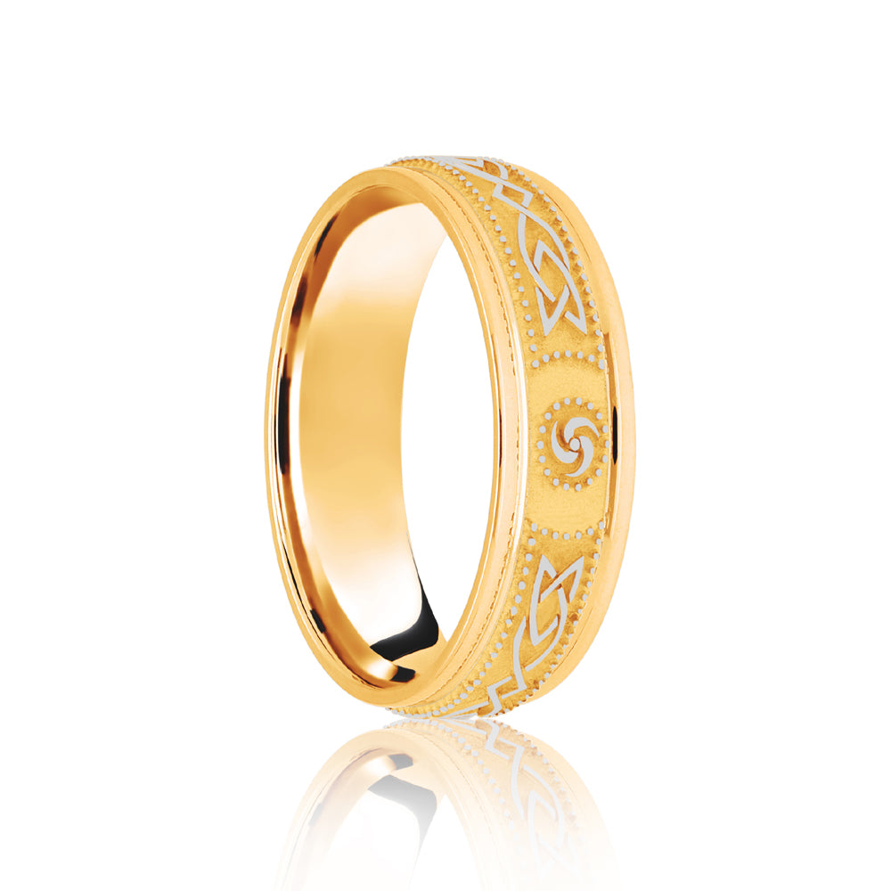 JWR203-9-8 | 9ct Yellow & White Flat Court 8mm Celtic Laser Engraved Wedding Band