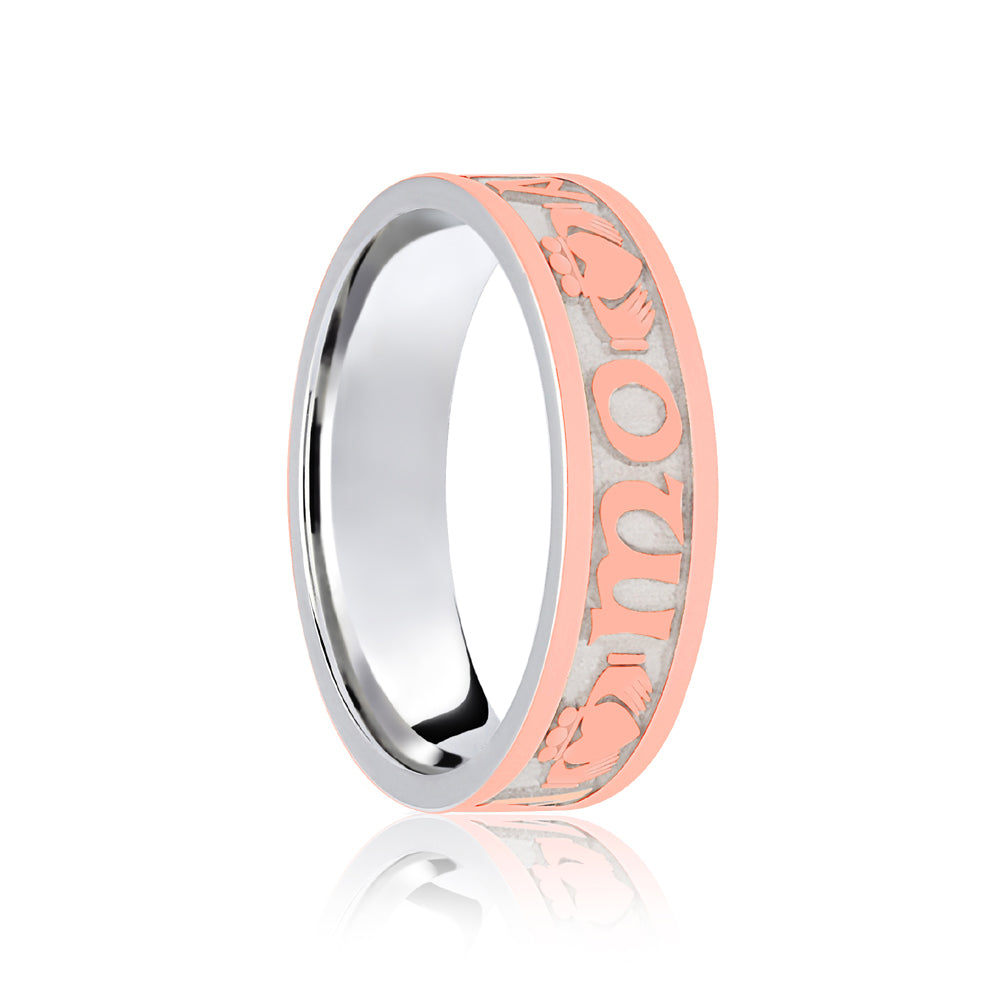 JWR206-18-8 | 18ct White & Rose Flat Court 8mm Celtic Laser Engraved Wedding Band