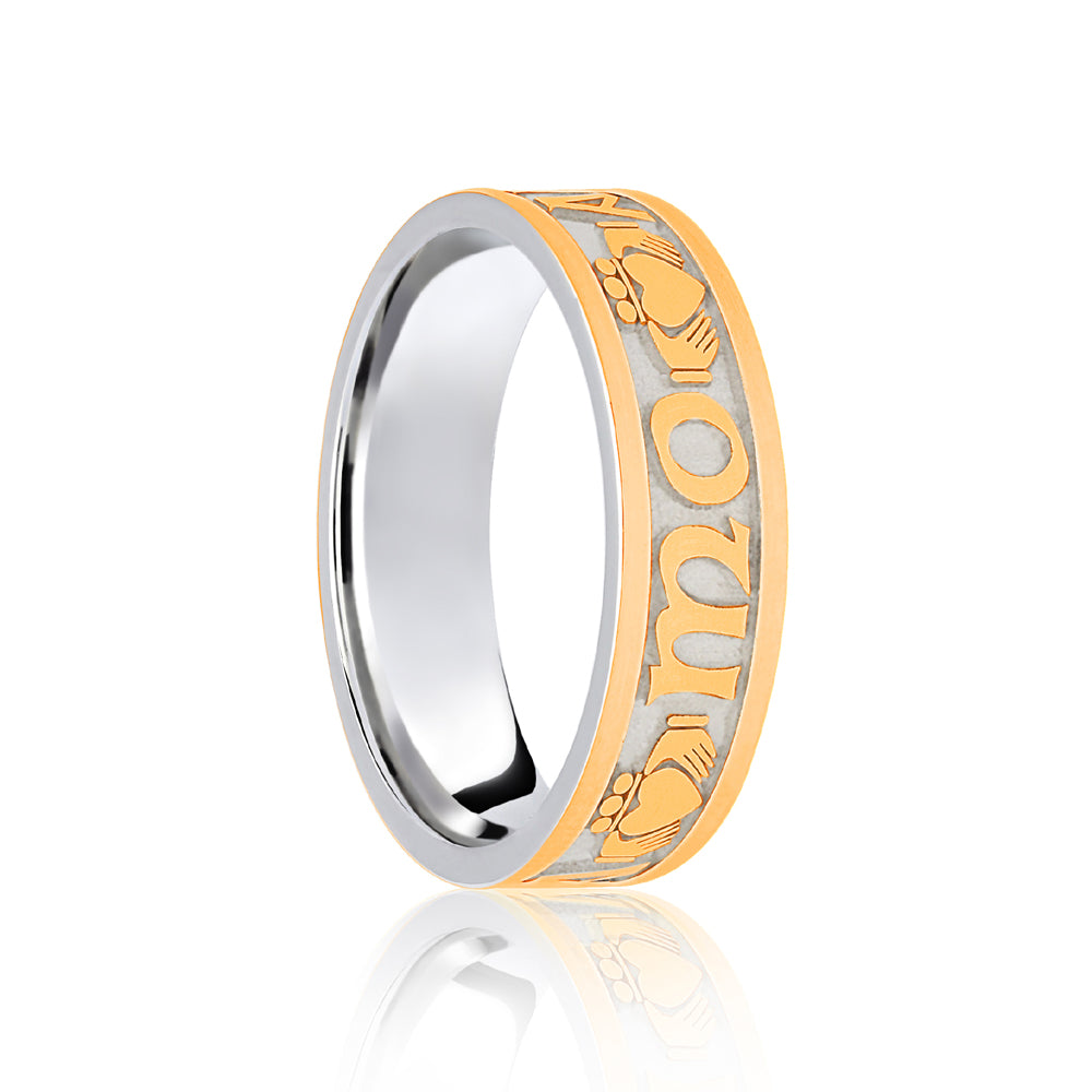9ct White & Yellow Flat Court 6mm Celtic Laser Engraved Wedding Band
