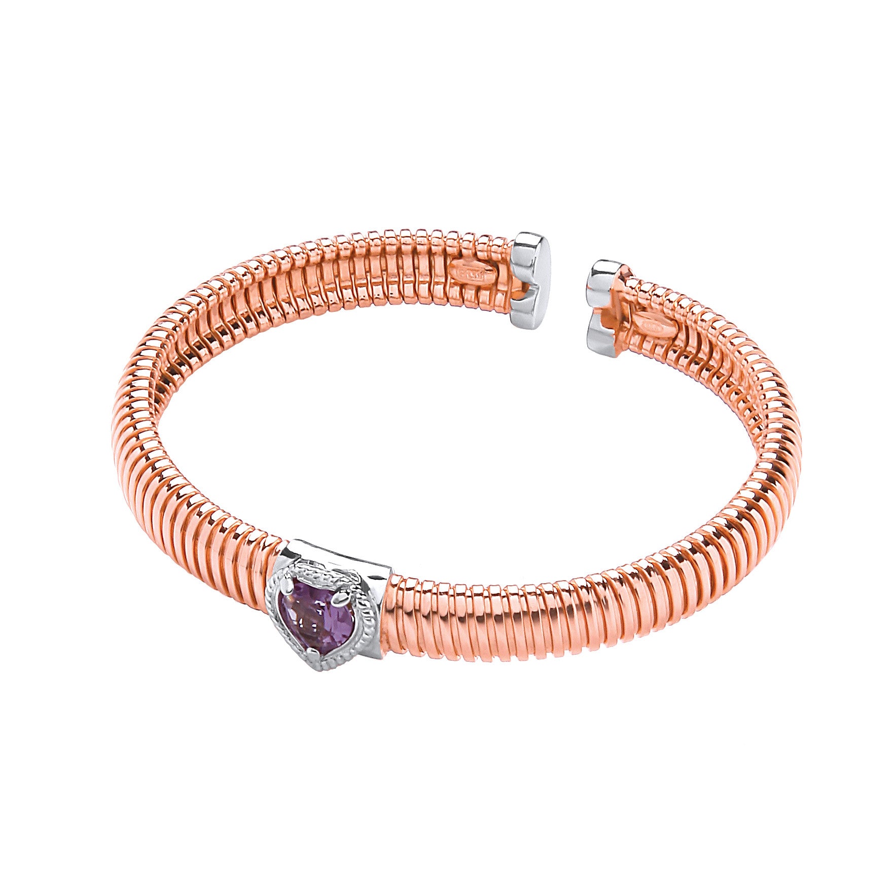 Rose Coated Silver Bangle with Amethyst 0.95ctw Heart - Silver
