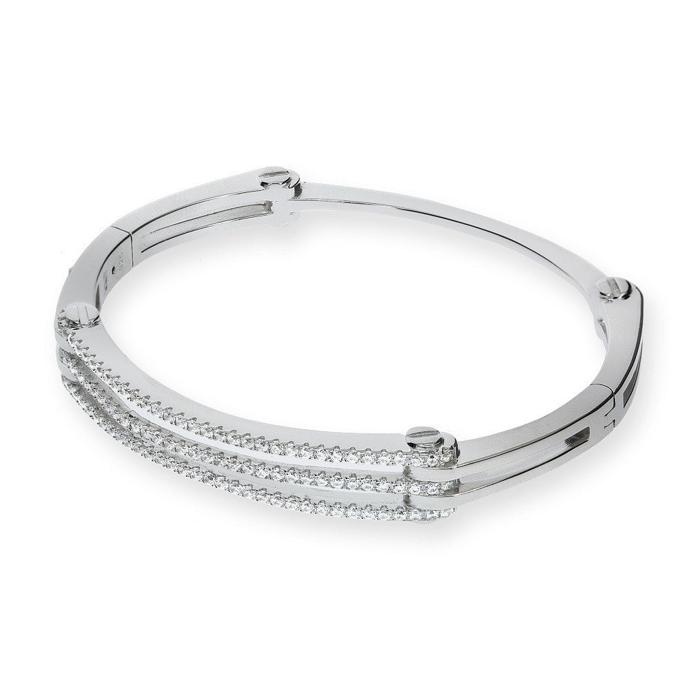 Micro Pave' Cubic Zirconia Hinged Silver Bangle - Silver