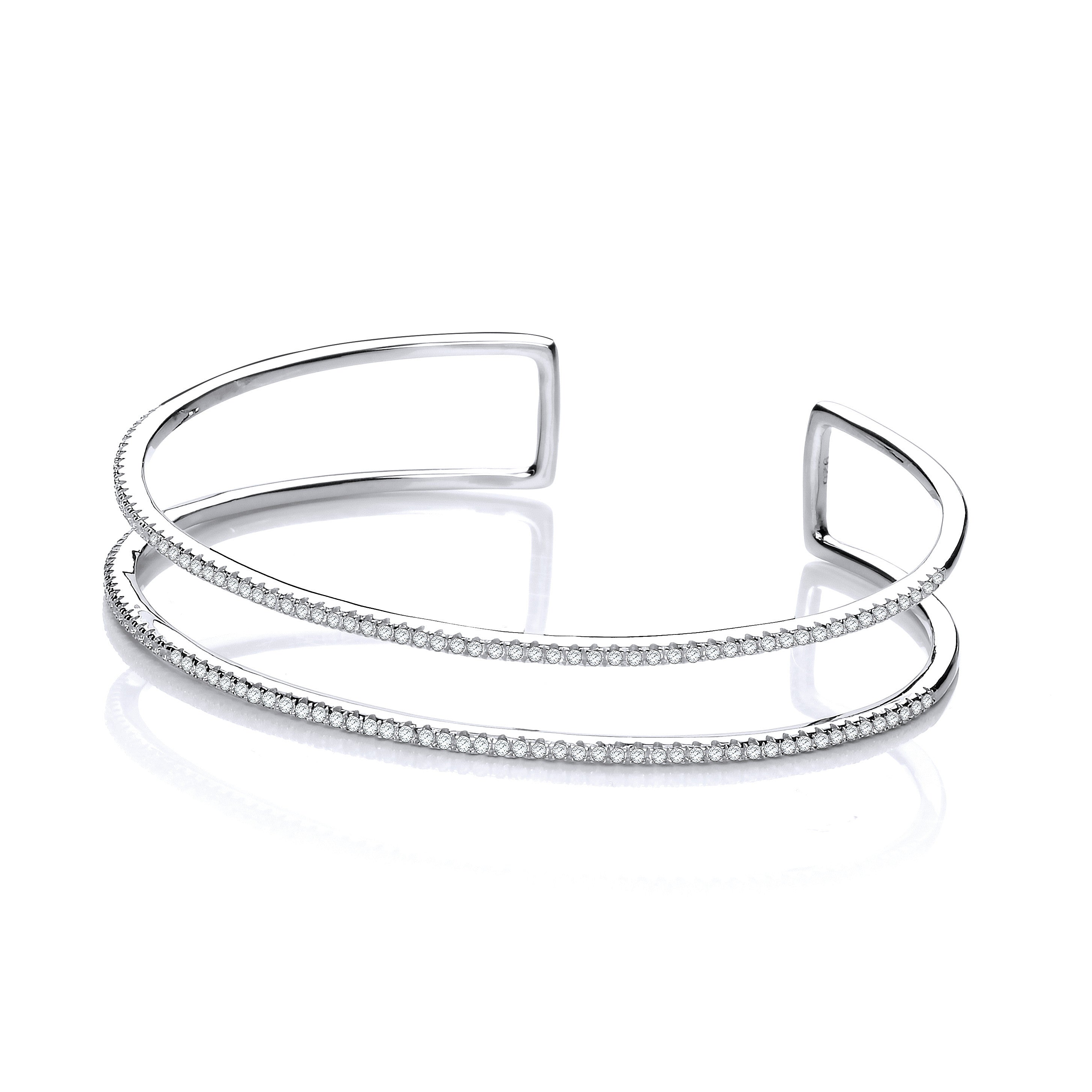 Micro Pave' Two Row Cubic Zirconia Cuff Silver Bangle - Silver