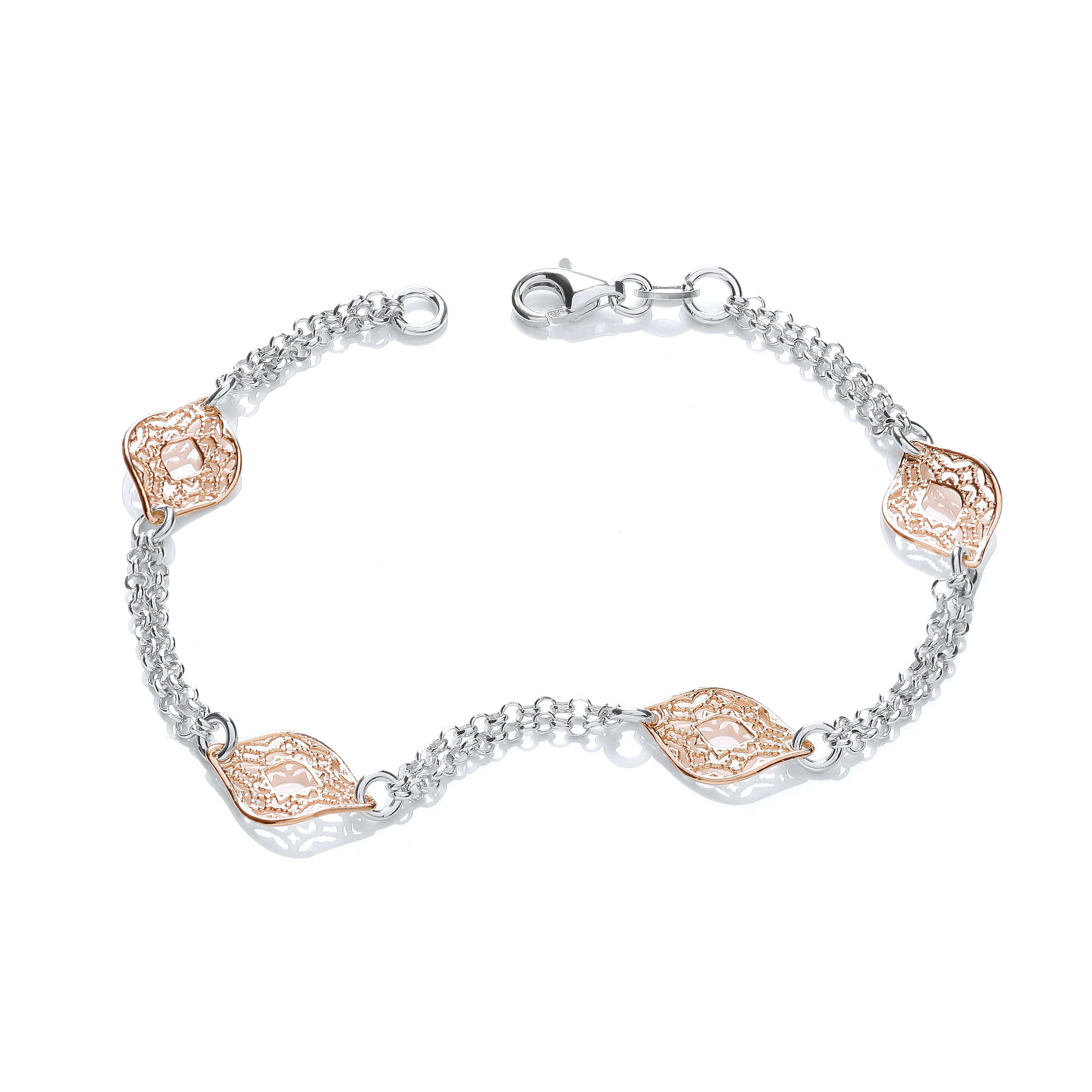 Rose & Silver Filigree Links Bracelet - Silver