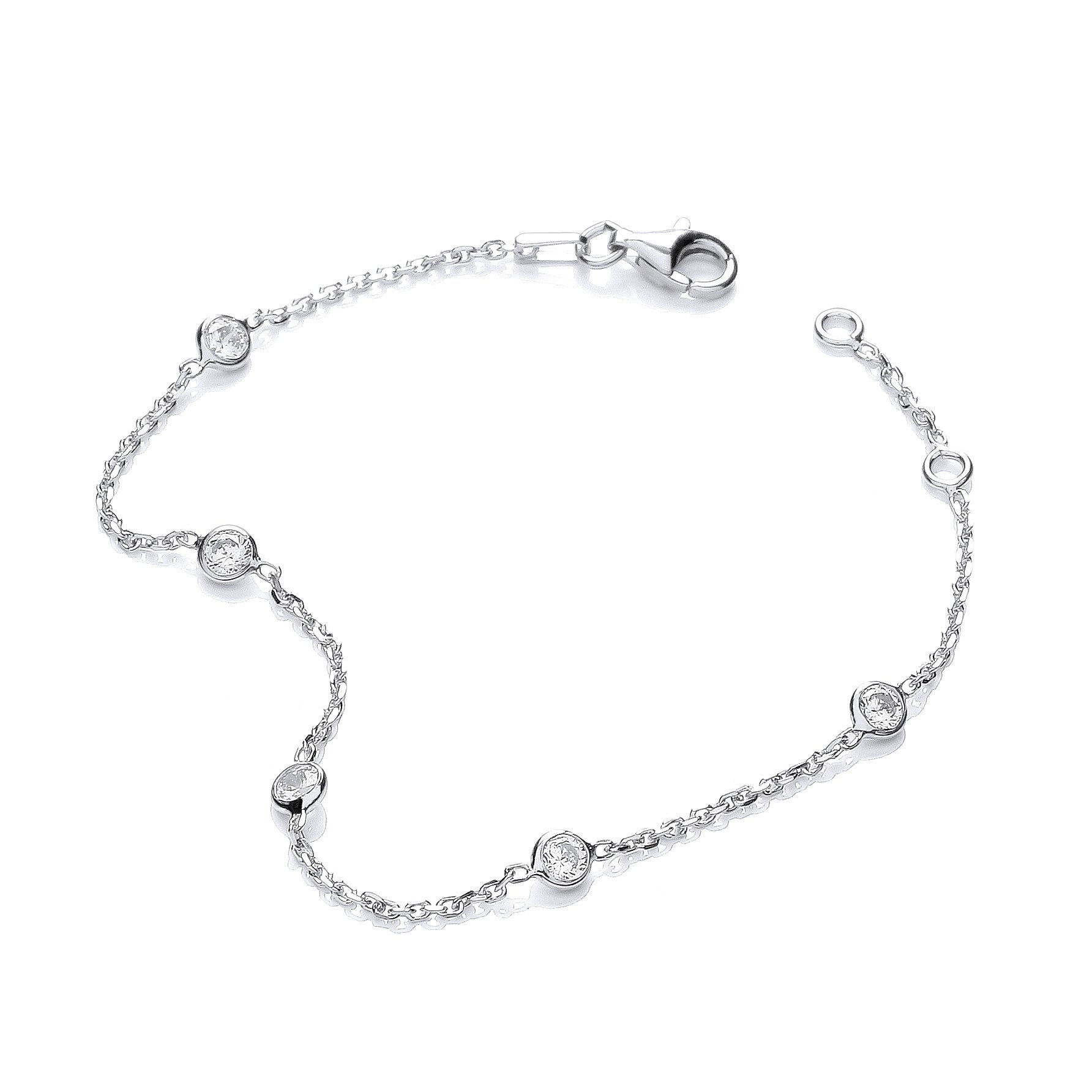 Silver Rh.Plated Rubover 5 Cubic Zirconia's Bracelet 7" - Silver