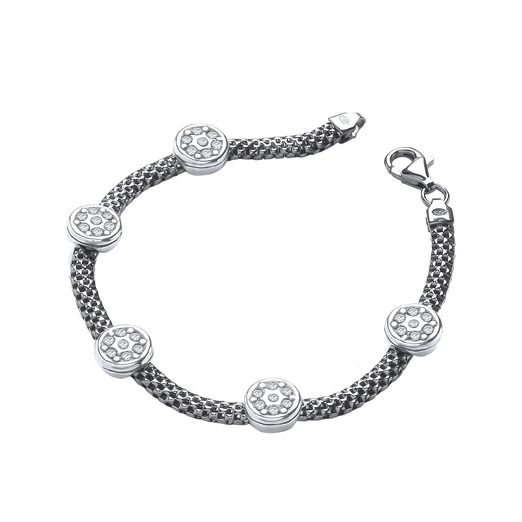 Ruthenium Mesh with Five Circles Cubic Zirconia's 7"/19cm Bracelet - Silver