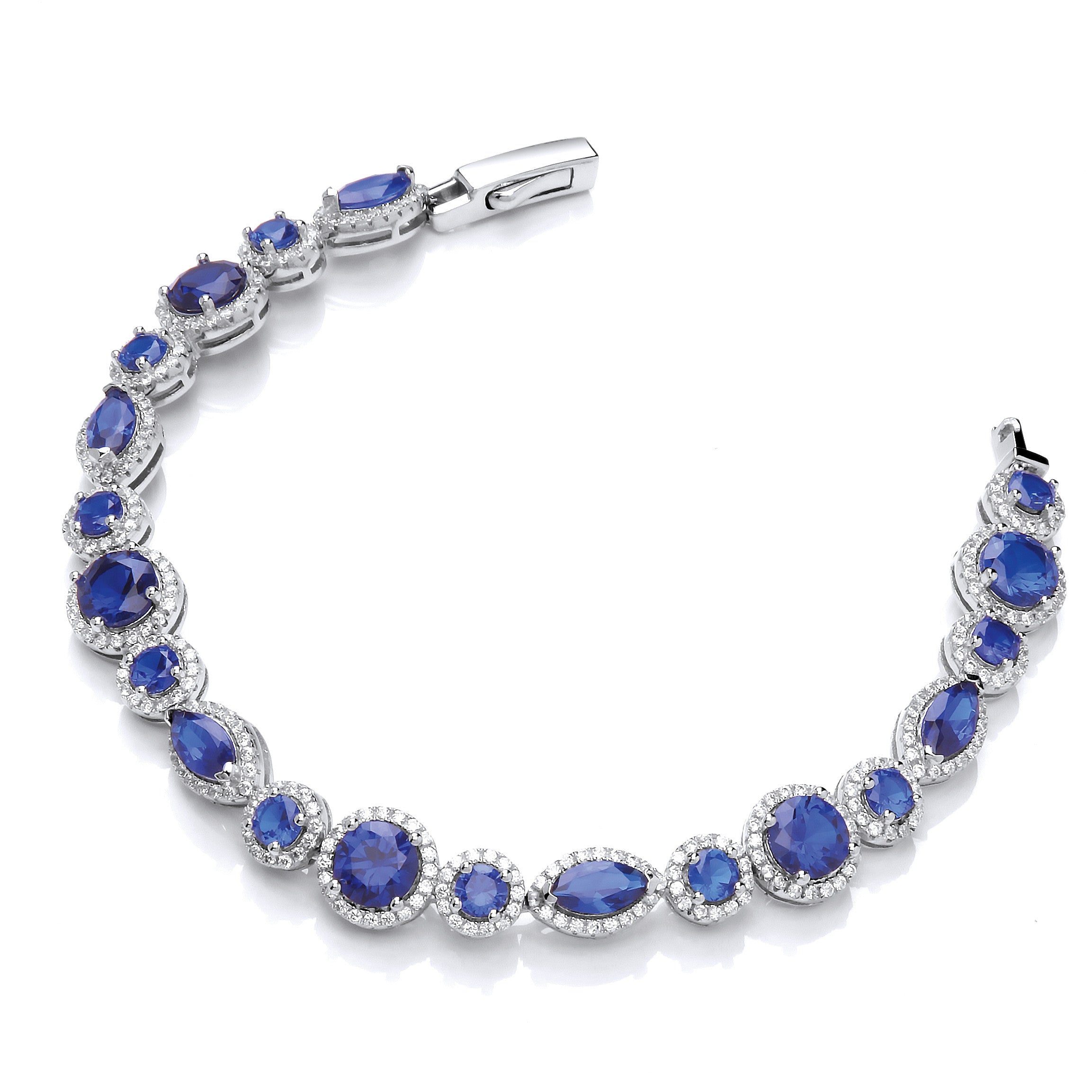 Marquise & Rounds Sapphire Blue Cubic Zirconia's in Halo with Clear Cubic Zirconia Tennis Silver Bracelet - Silver