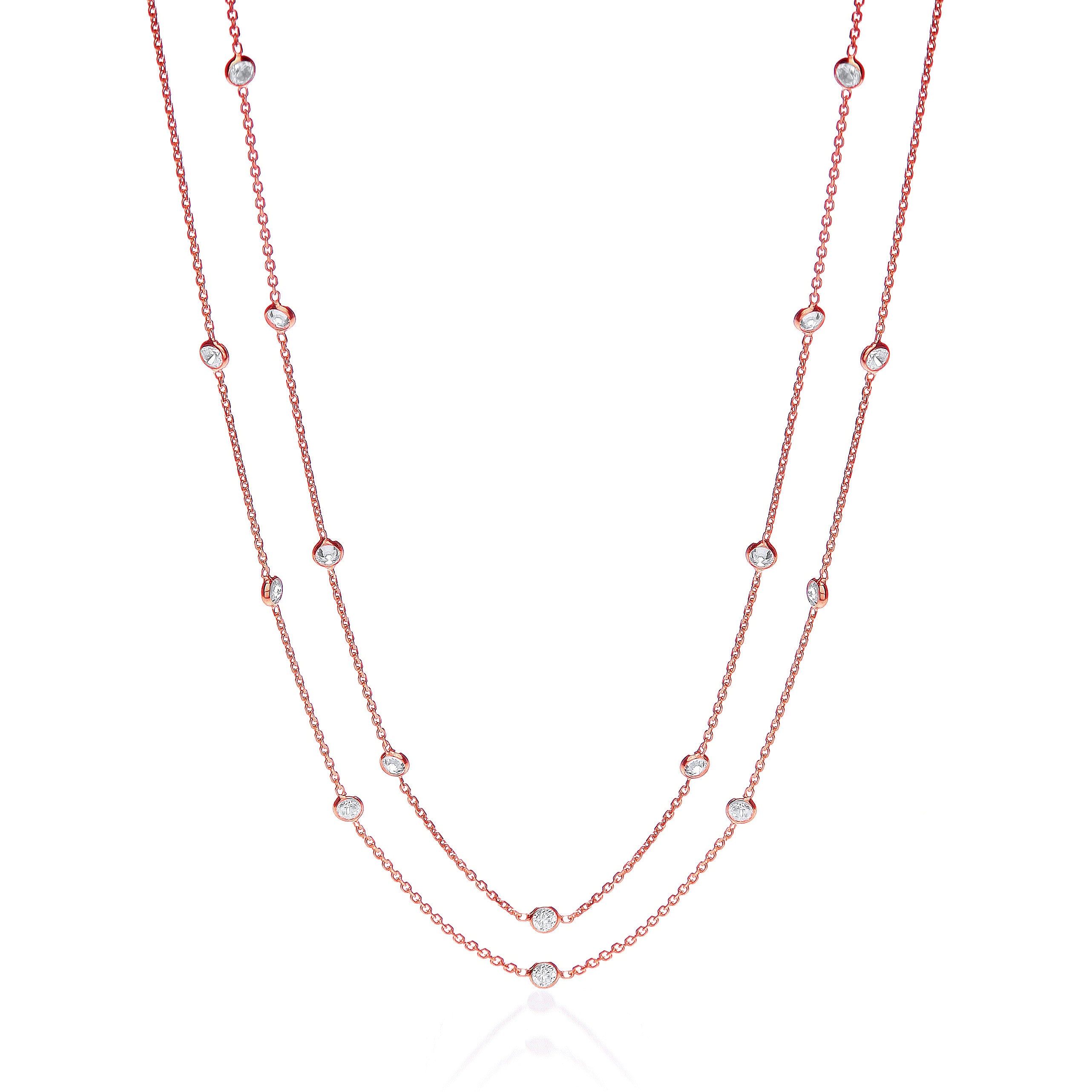 Rose Coated Rubover 23 Cubic Zirconia's Necklace 38" - Silver