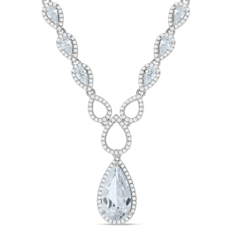 Silver Pear Shaped Drop Set Clear Cubic Zirconia's Necklace 18" - Silver