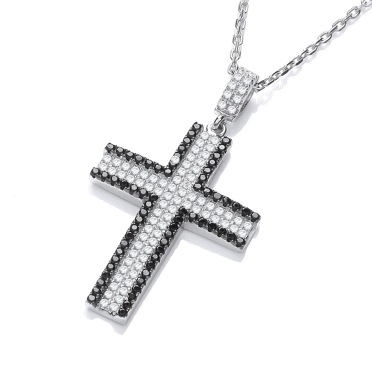 Micro Pave' Black & Clear Cubic Zirconia Cross with Chain - Silver