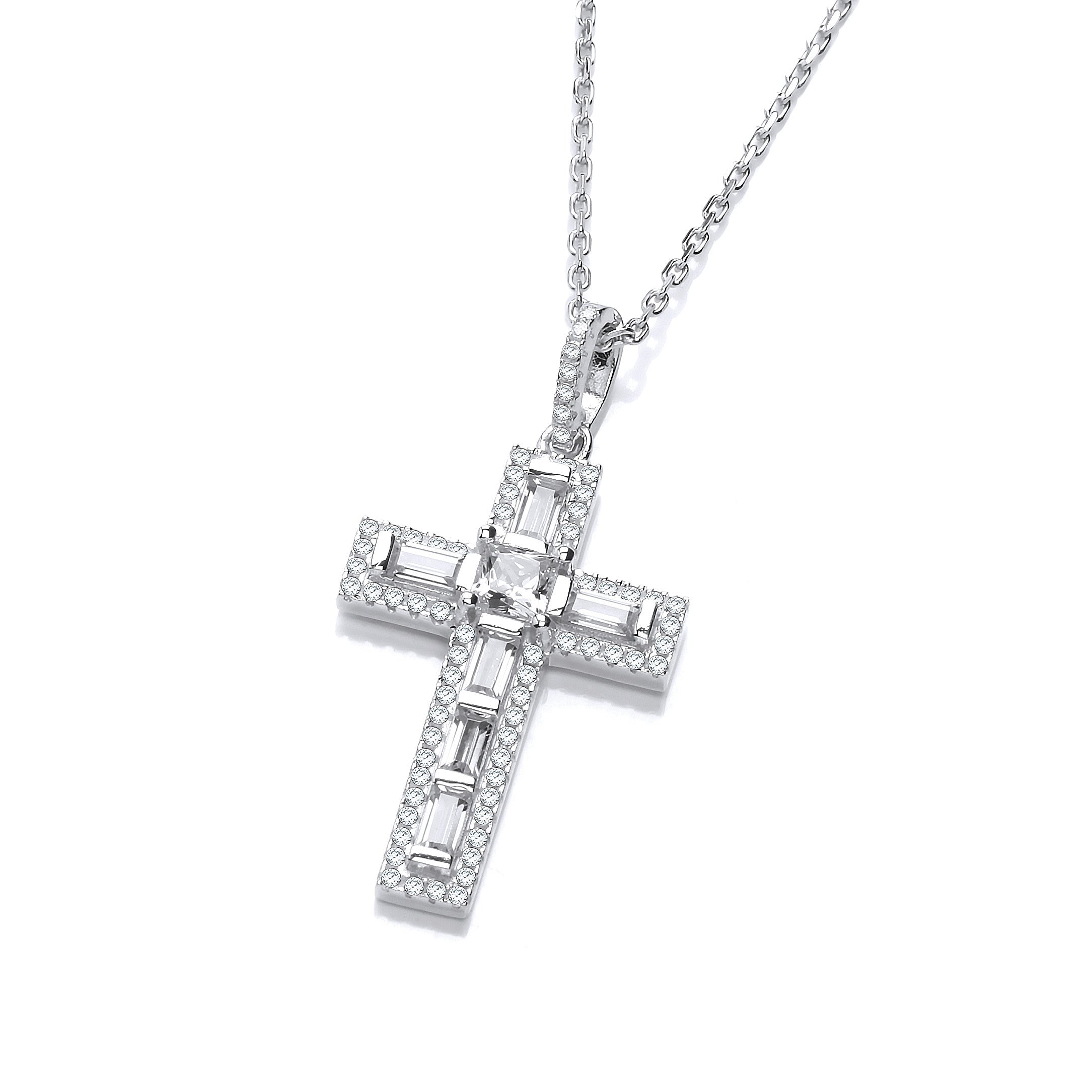 Micro Pave Round & Baguette Cubic Zirconias Cross with Chain - Silver