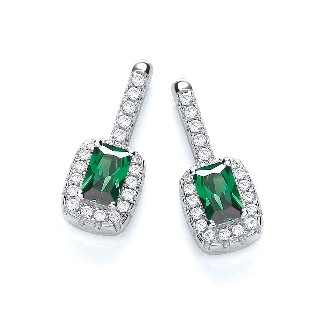 Micro Pave' Fancy Drop Earring with Small Green Cubic Zirconia - Silver