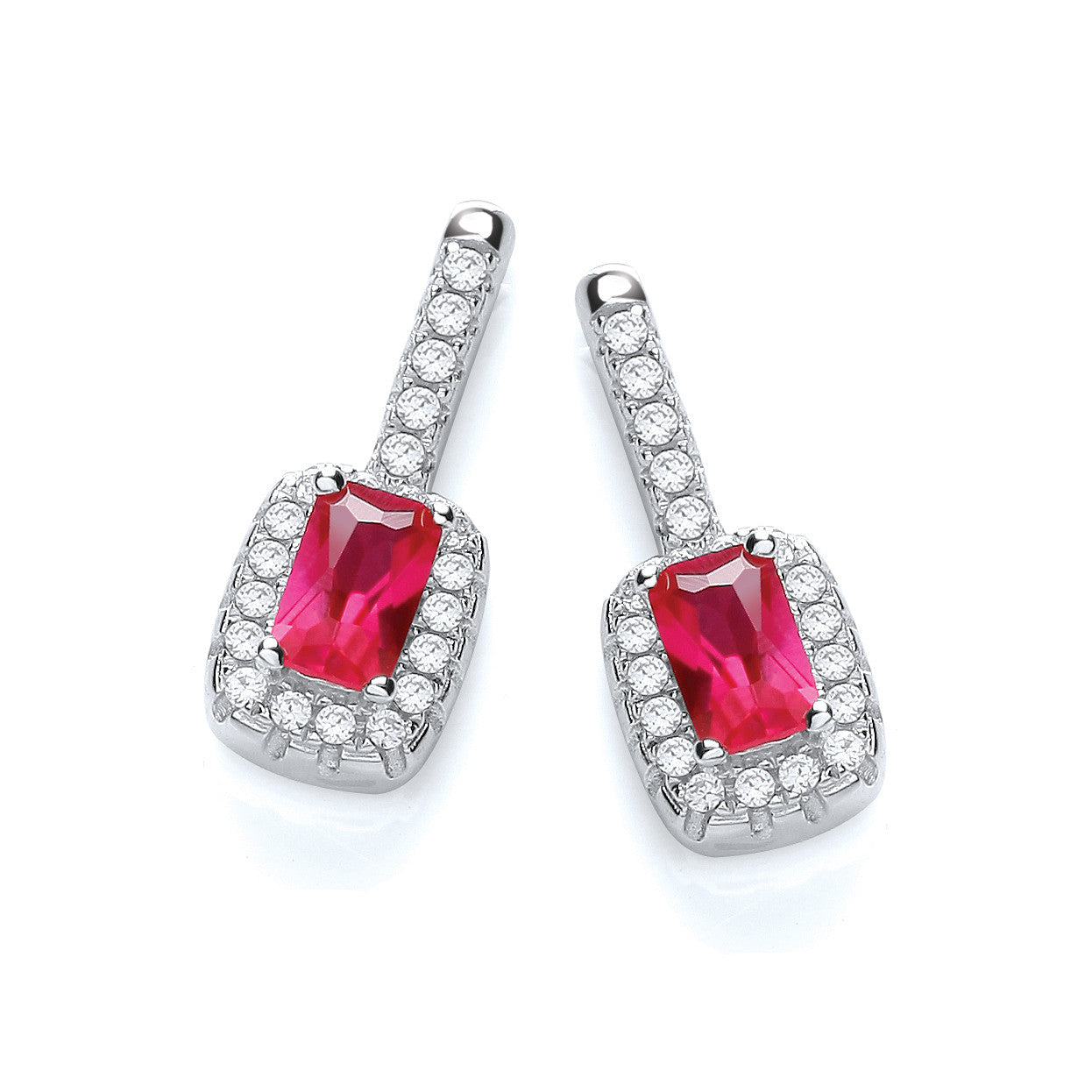 Micro Pave' Fancy Drop Earring with Small Red Cubic Zirconia - Silver