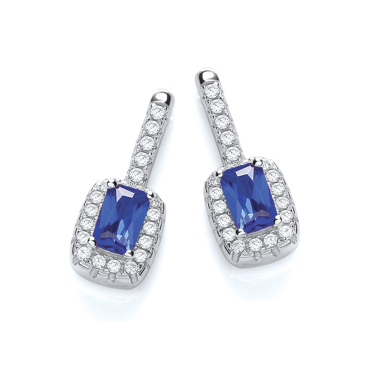 Micro Pave' Fancy Drop Earring with Small Blue Cubic Zirconia - Silver