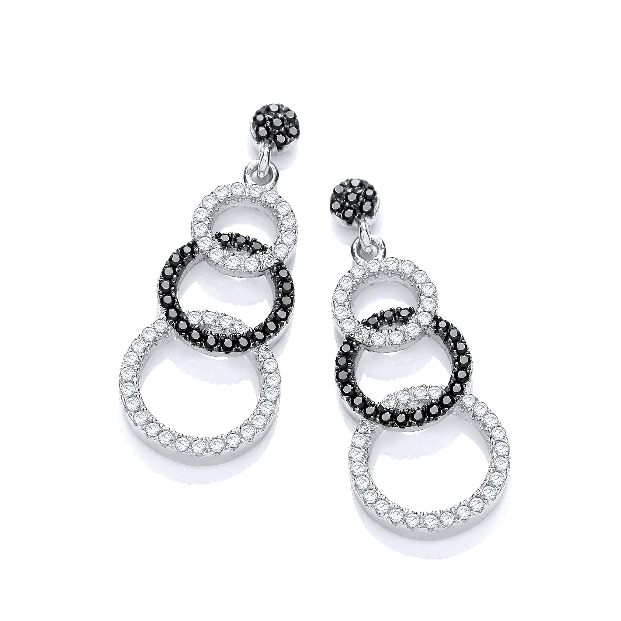 Micro Pave' Black & White Cubic Zirconia Drop Earrings - Silver
