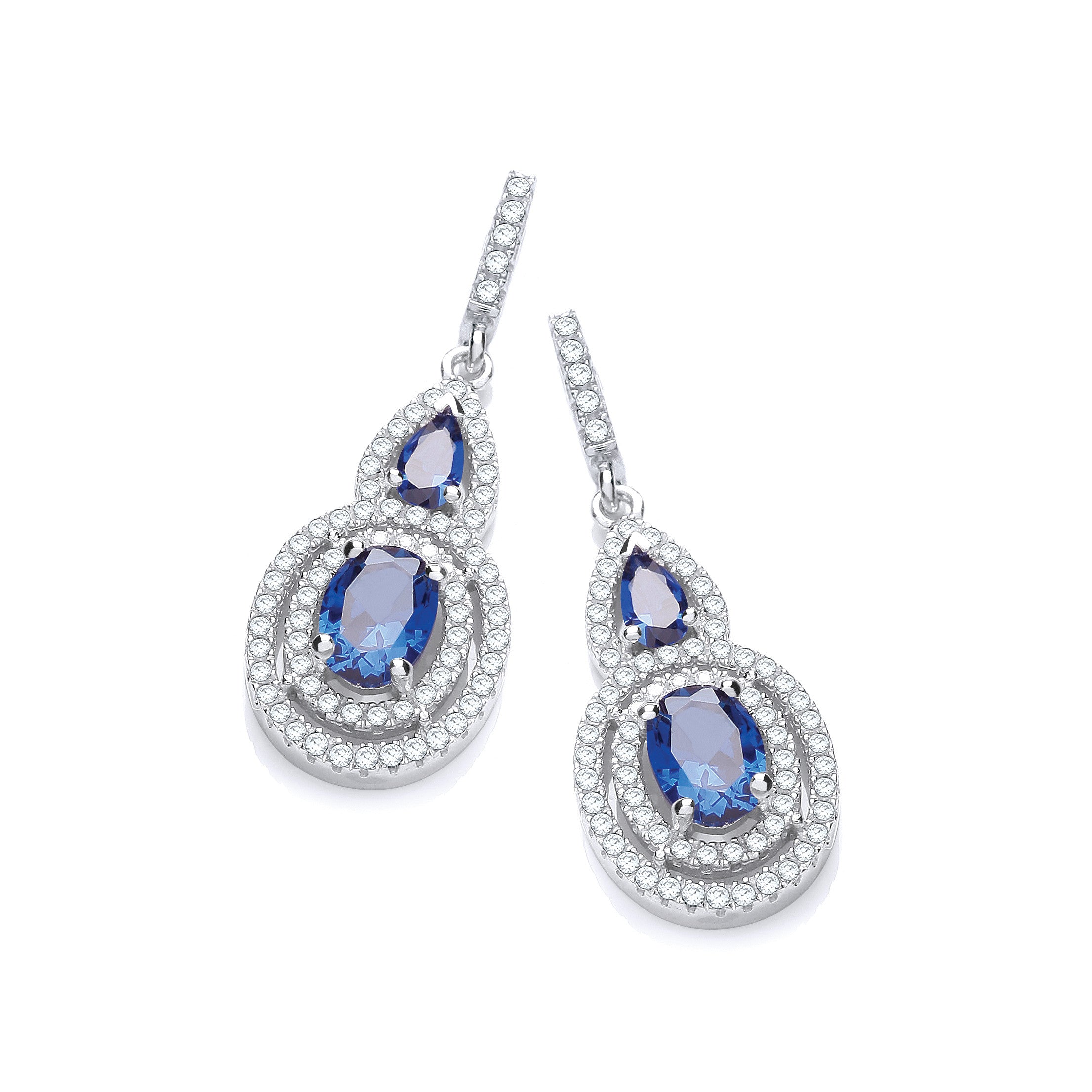 Micro Pave' Sapphire & White Cubic Zirconia Drop Earrings - Silver