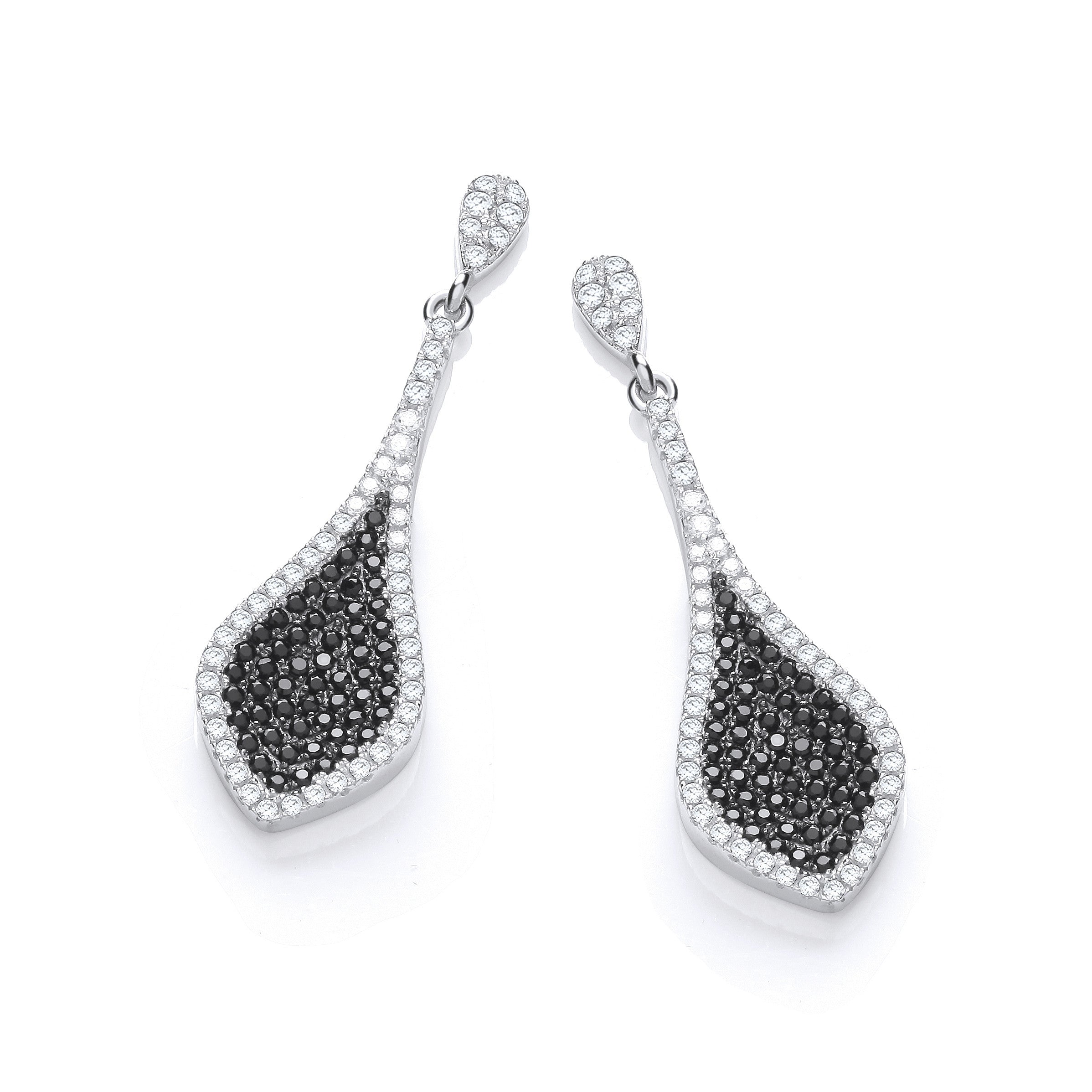 Micro Pave' Black & Clear Cubic Zirconia Drop Earrings - Silver