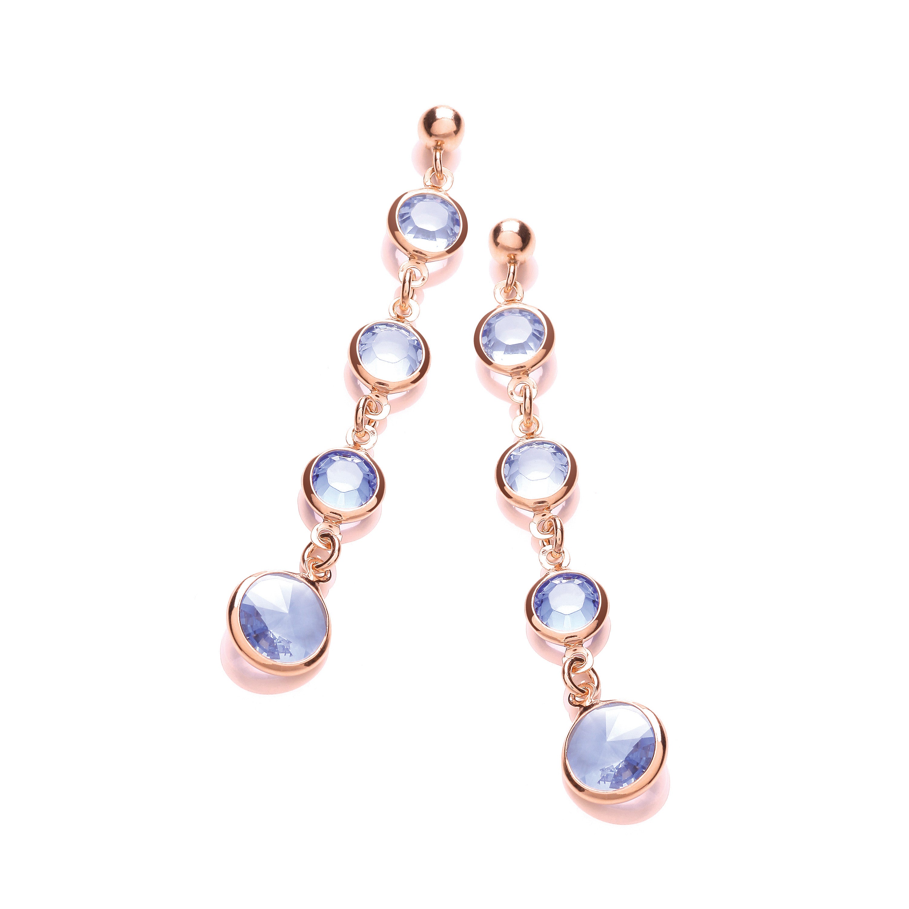 Blue Stones, Rose Plated Drop Earrings - Silver