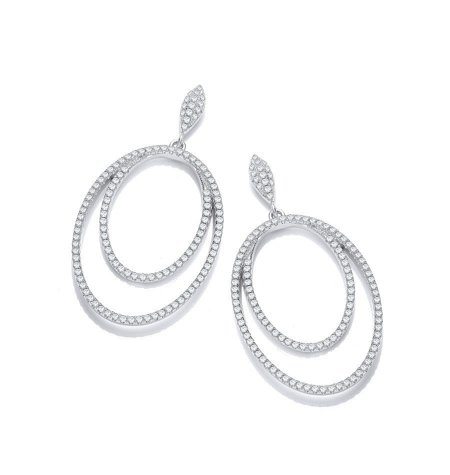 Micro Pave' Double Oval Drop Cubic Zirconia Earrings - Silver