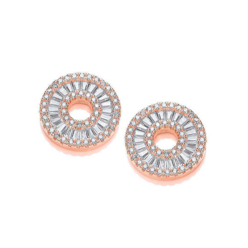 Rose Gold Coated Circle of Life in Baguettes and Round Cubic Zirconia Earrings - Silver