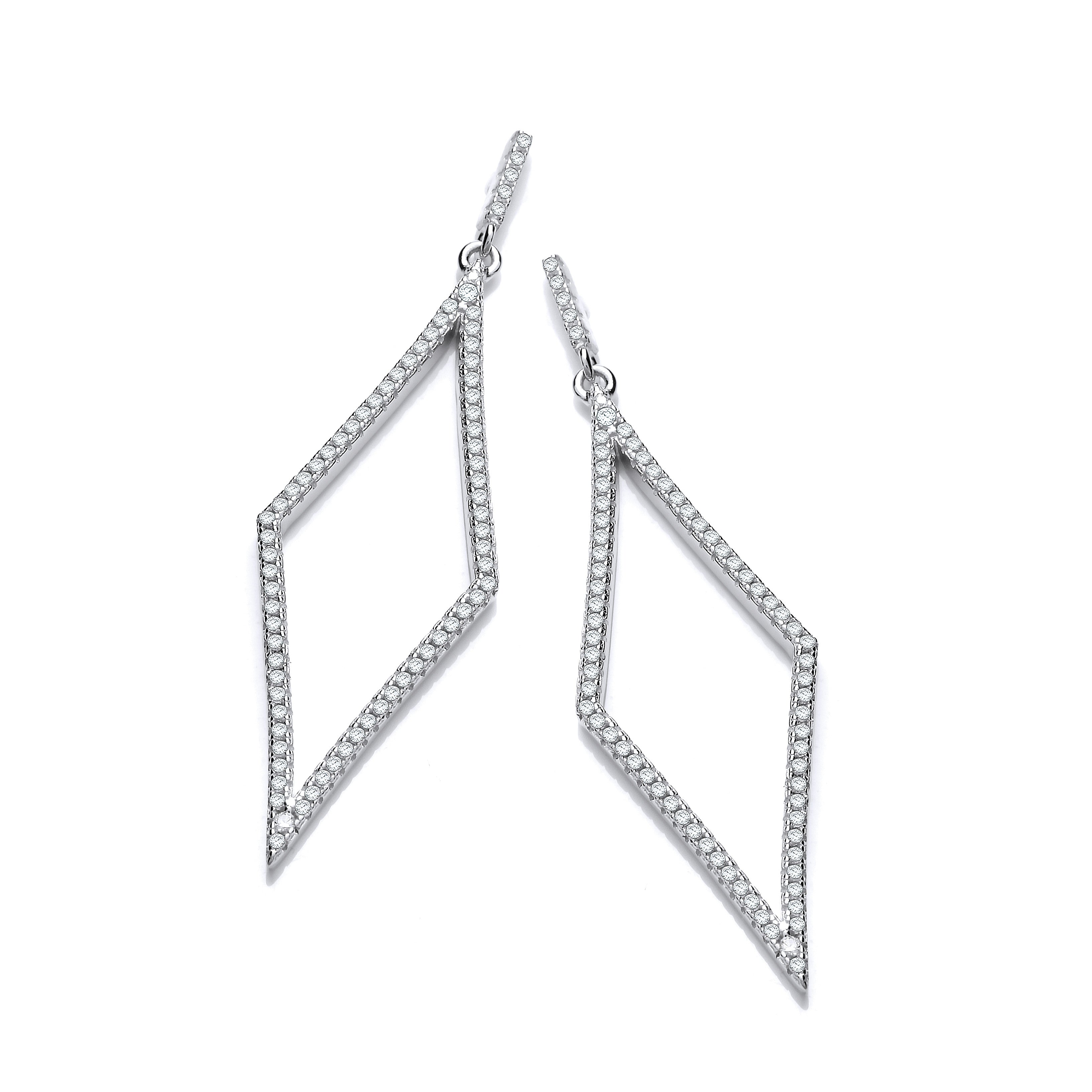 Silver Diamond Shaped Cubic Zirconia Drop Silver Earrings - Silver