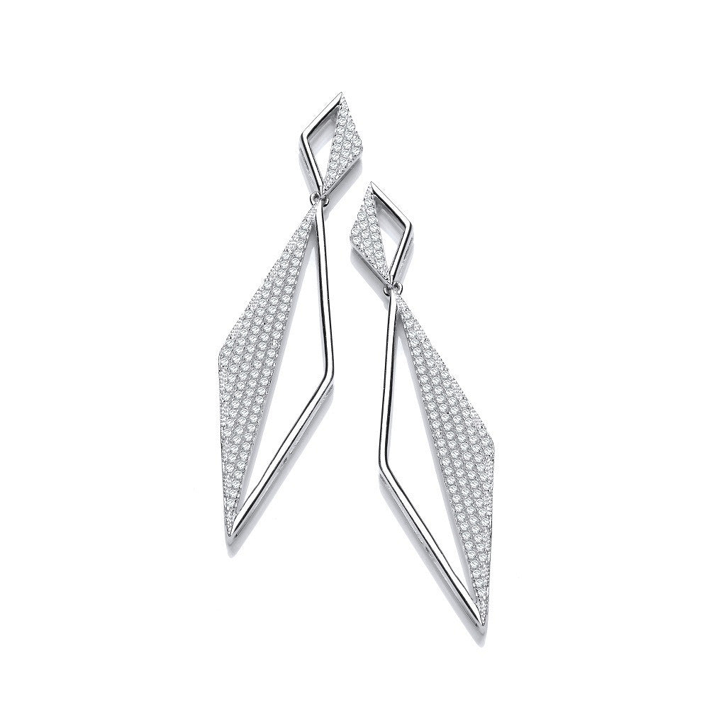 Long Triangle Pave' Cubic Zirconia Drop Silver Earrings - Silver
