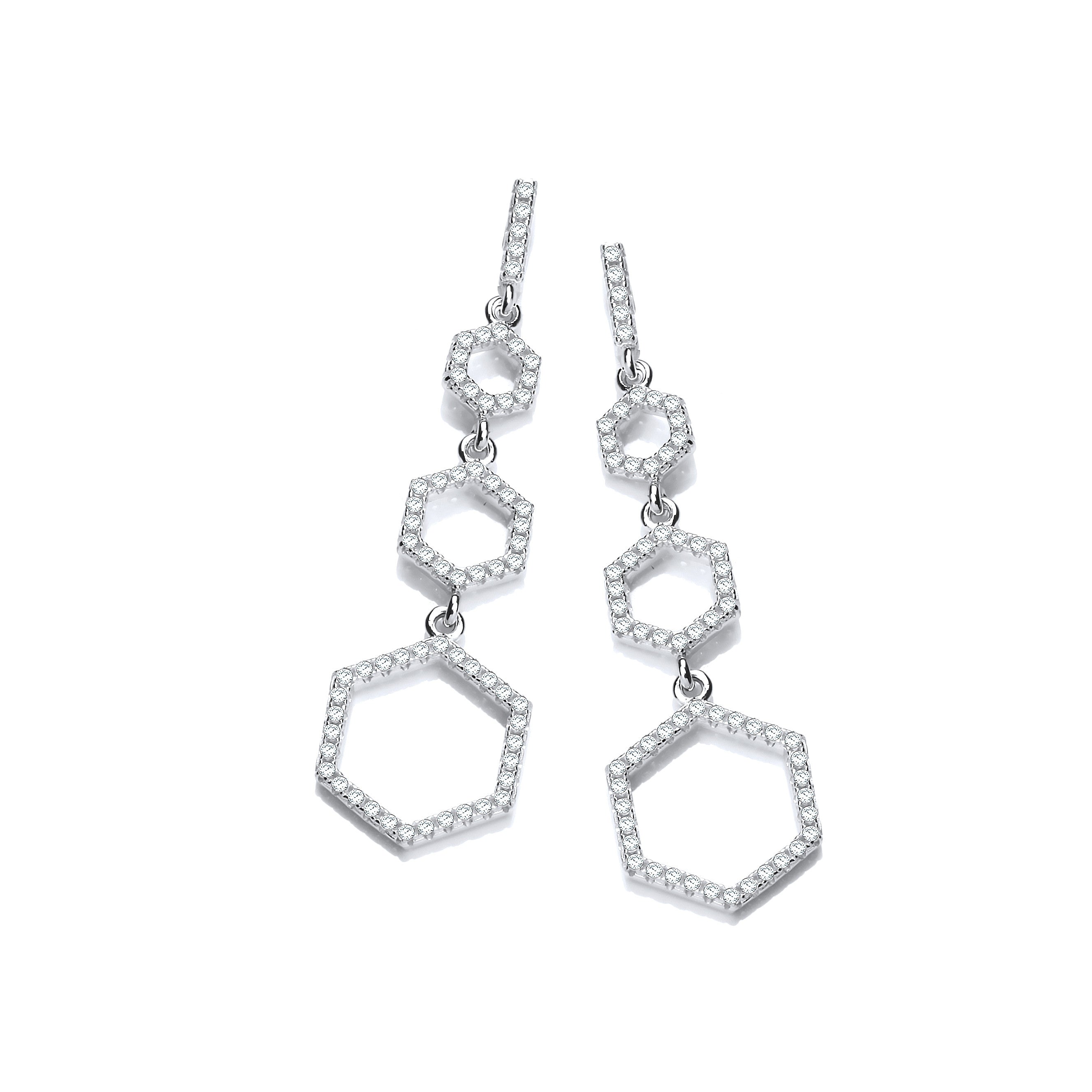 Boucles d'oreilles en argent avec zircons cubiques, style nid d'abeille - Argent