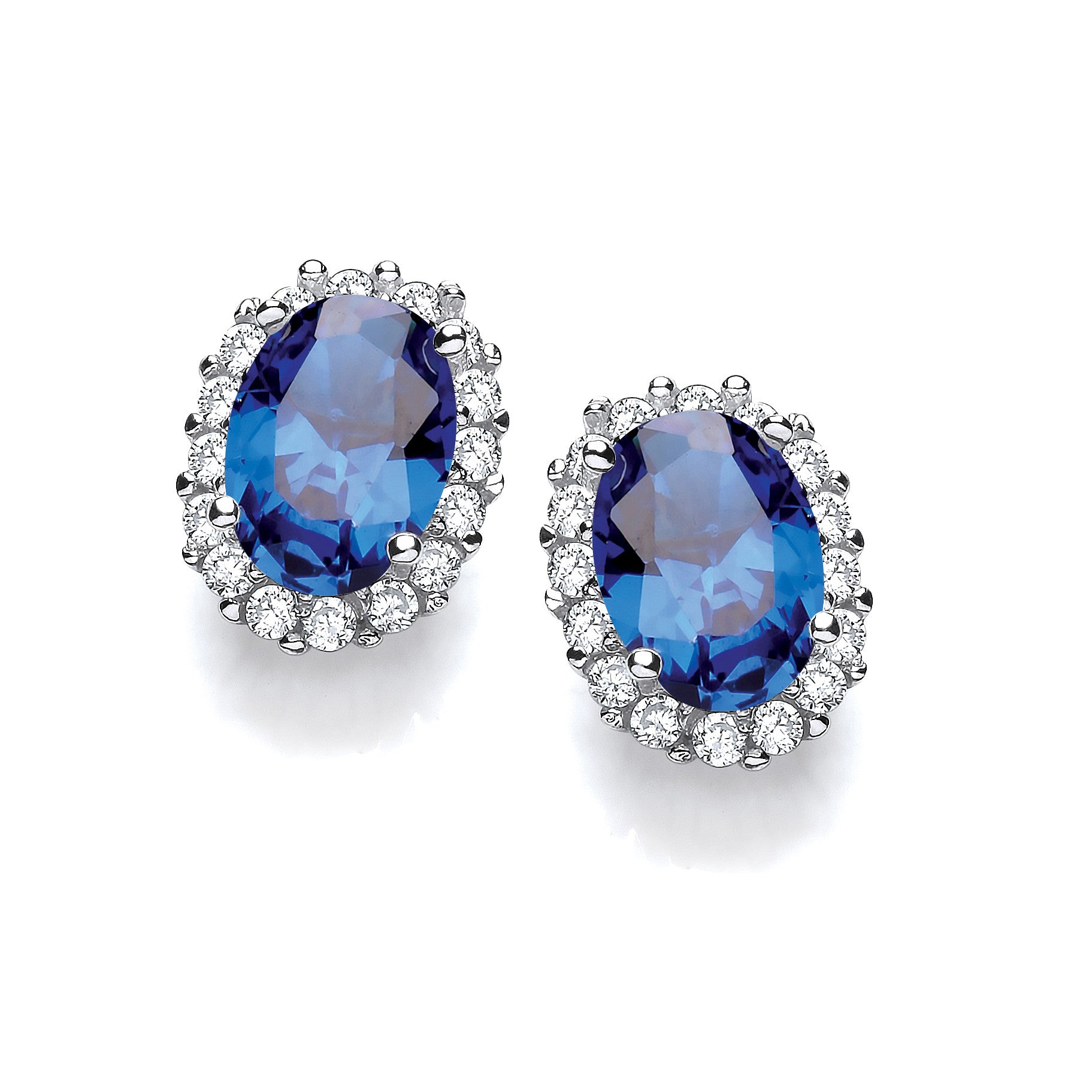 Oval Blue Cubic Zirconia Stud Silver Earrings - Silver