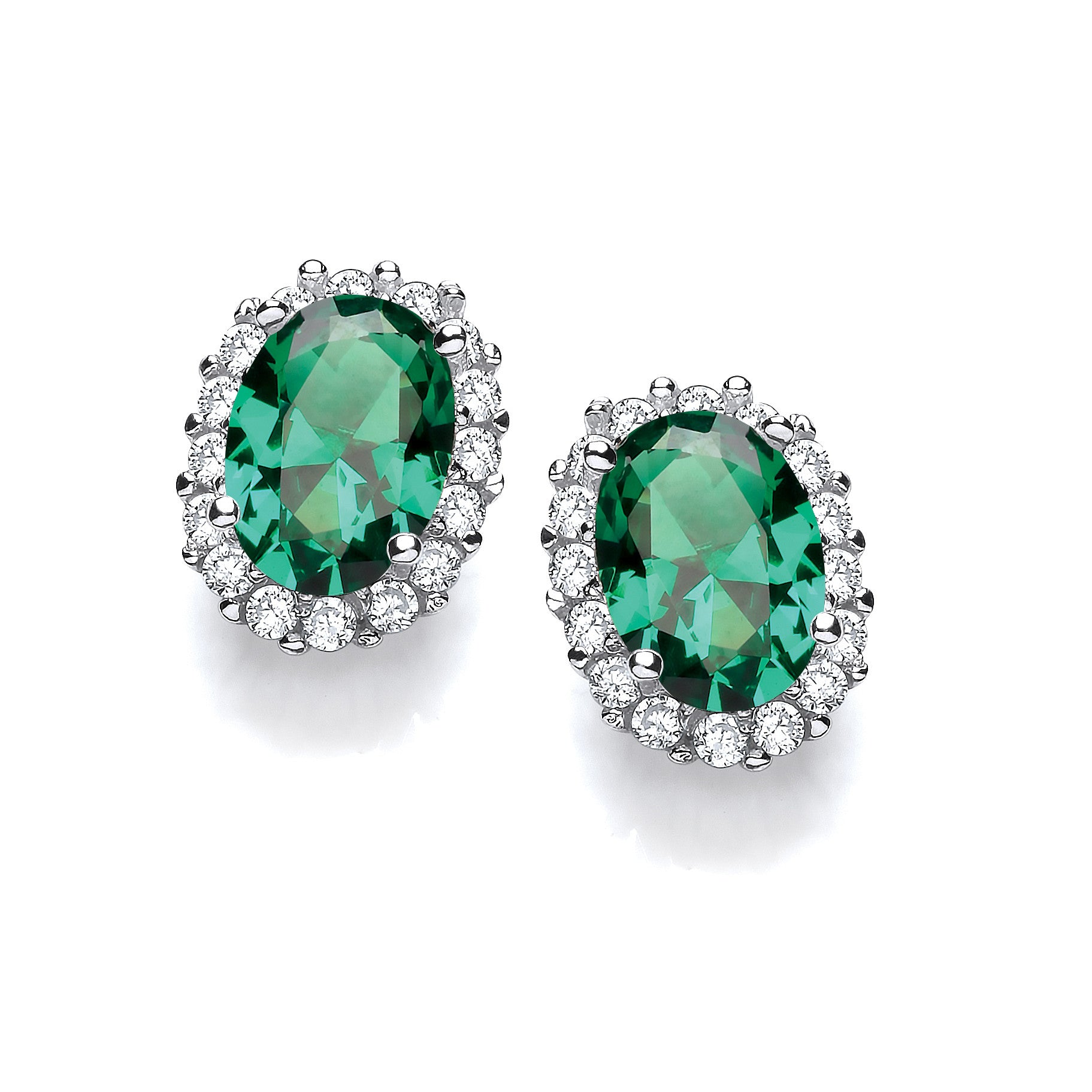 Oval Green Cubic Zirconia Stud Silver Earrings - Silver