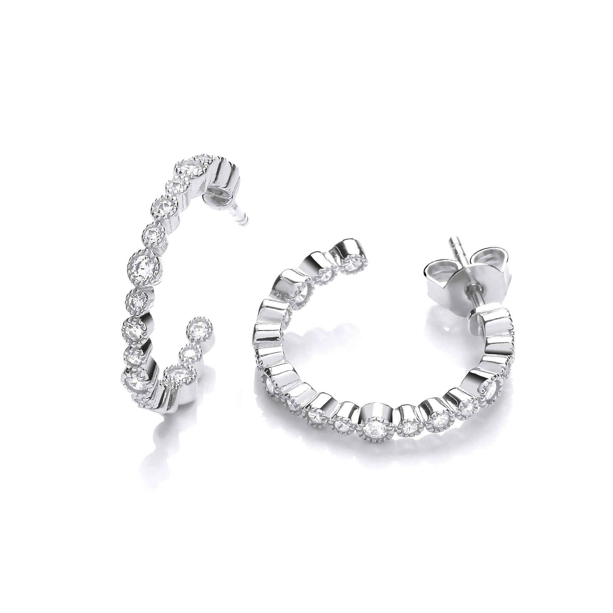 Mill Grain Edge Rubover set Cubic Zirconias Hoop Earrrings - Silver