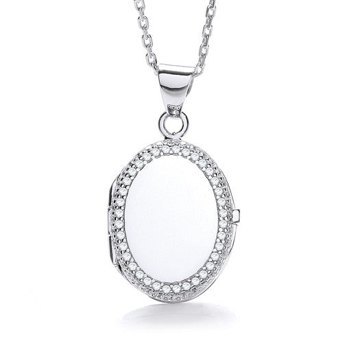 Oval Shape with Thin Line of Cubic Zirconia's Locket - Silver