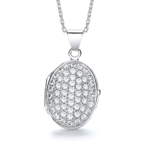 Oval Shape All Cubic Zirconia's on Front Locket - Silver