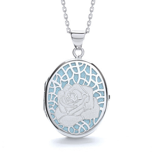 Oval Rose on Light Blue Background Locket - Silver