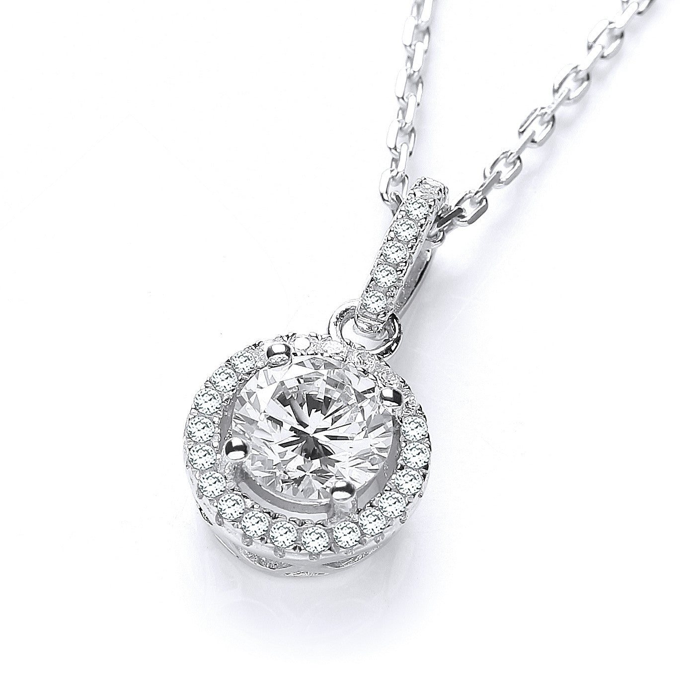 Micro Pave' Halo Style Cubic Zirconia Pendant with 18" Chain - Silver
