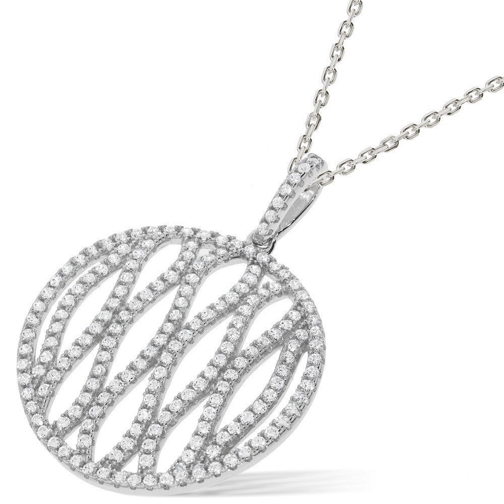 Micro Pave Round Fancy Cubic Zirconia Pendant with 18" Chain - Silver