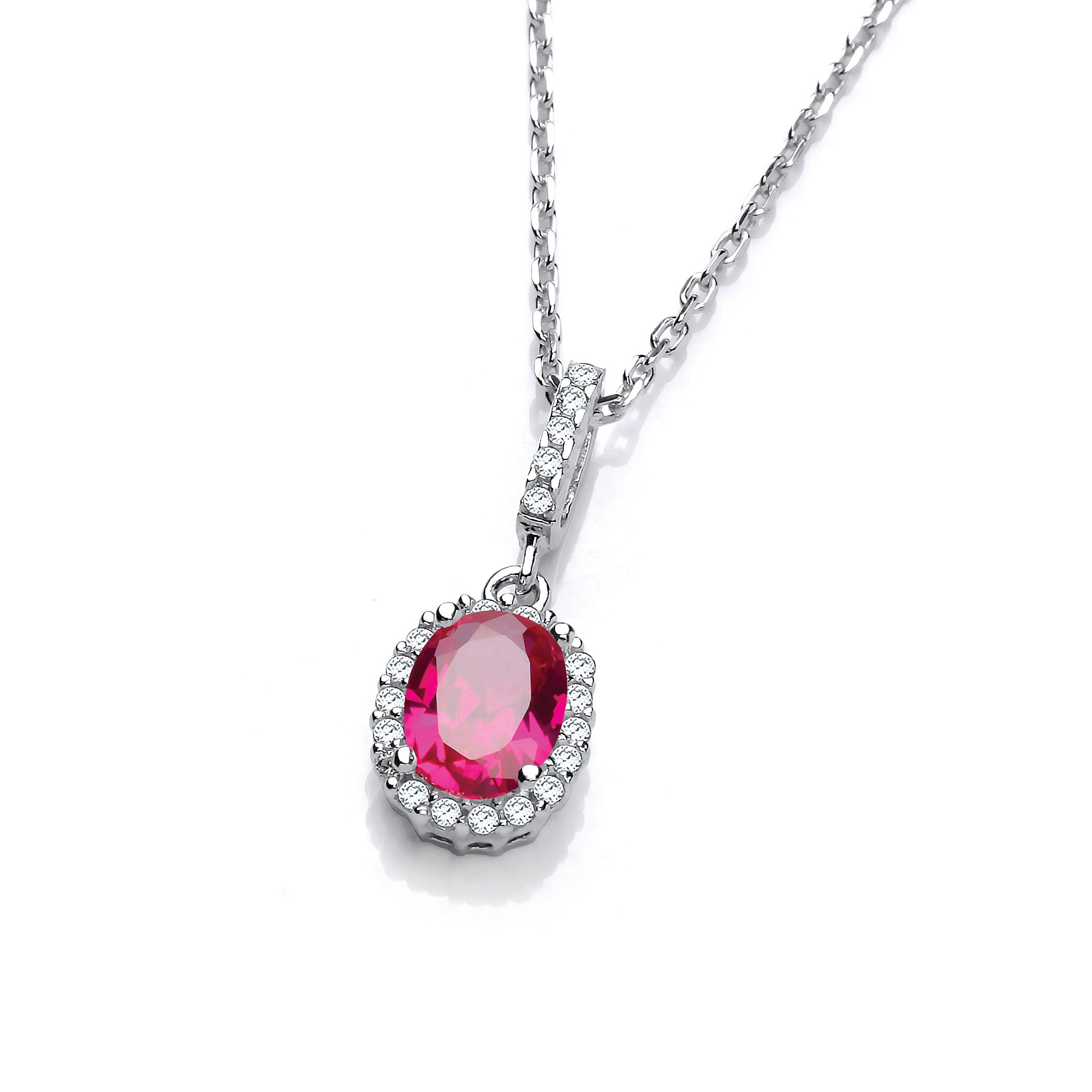 Oval Red Cubic Zirconia Drop Pendant with 18" Chain - Silver