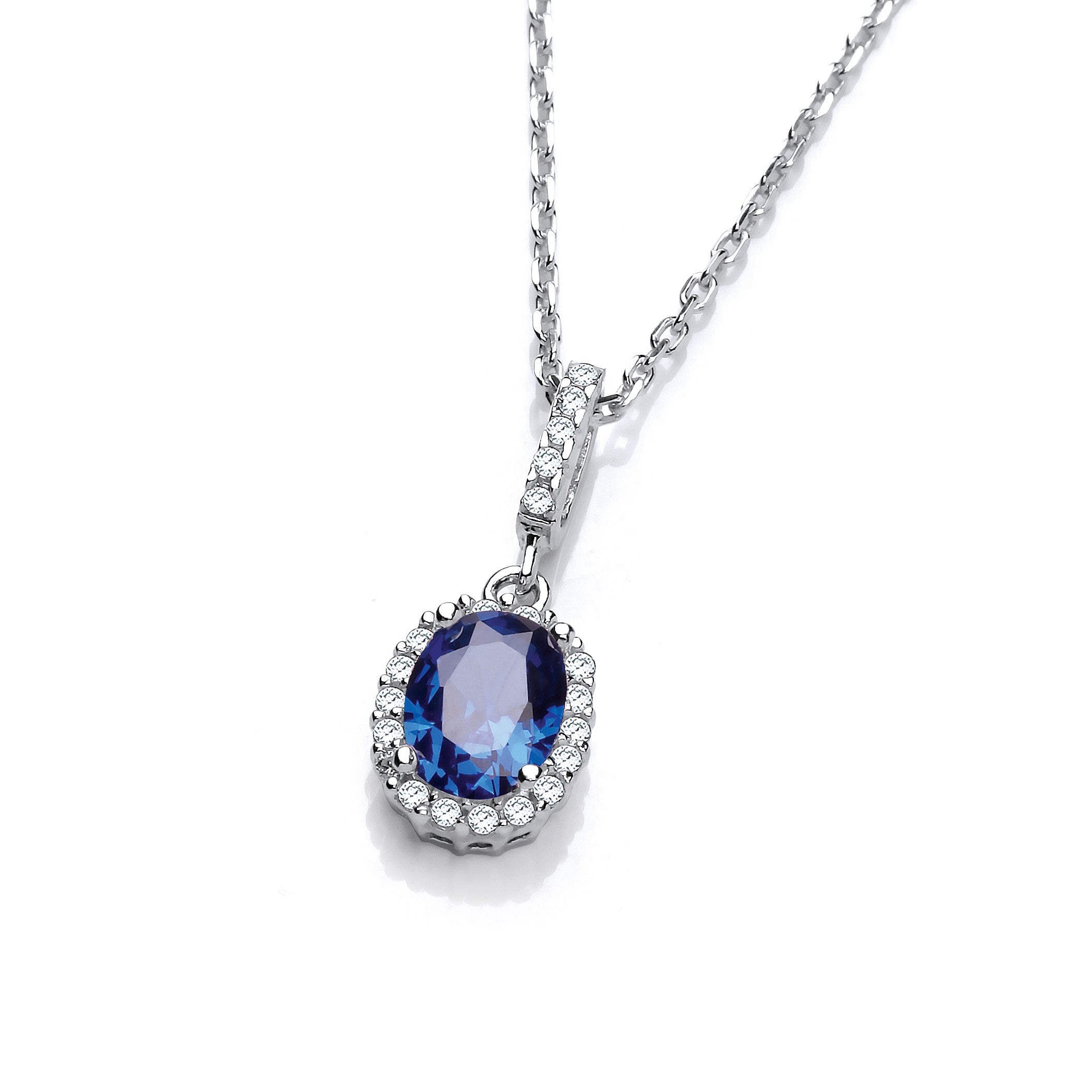 Oval Blue Cubic Zirconia Drop Pendant with 18" Chain - Silver