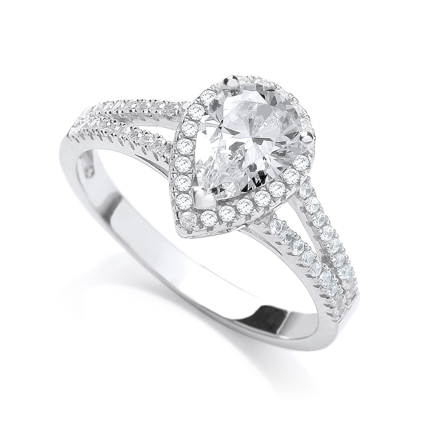 Micro Pave' Pear Shape Split Shank Cubic Zirconia Ring - Silver
