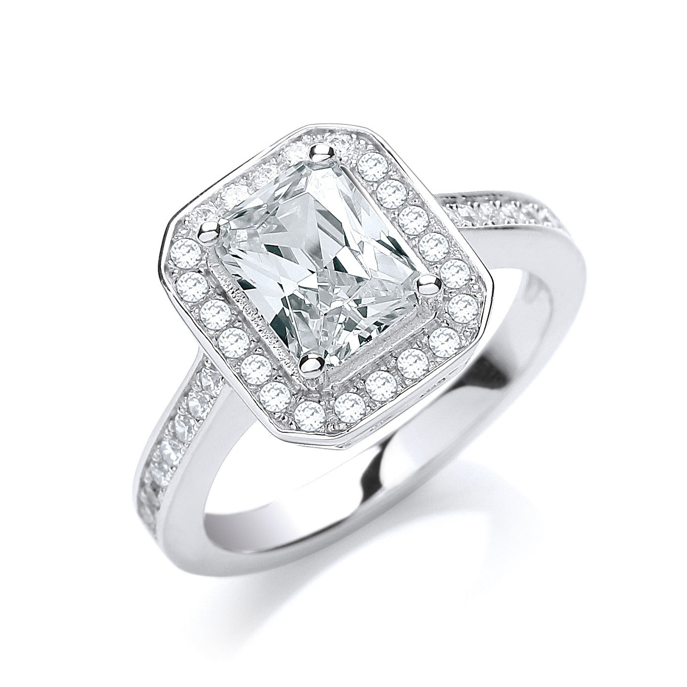 Micro Pave' Emerald Shape Cubic Zirconia & Shoulder Ring - Silver
