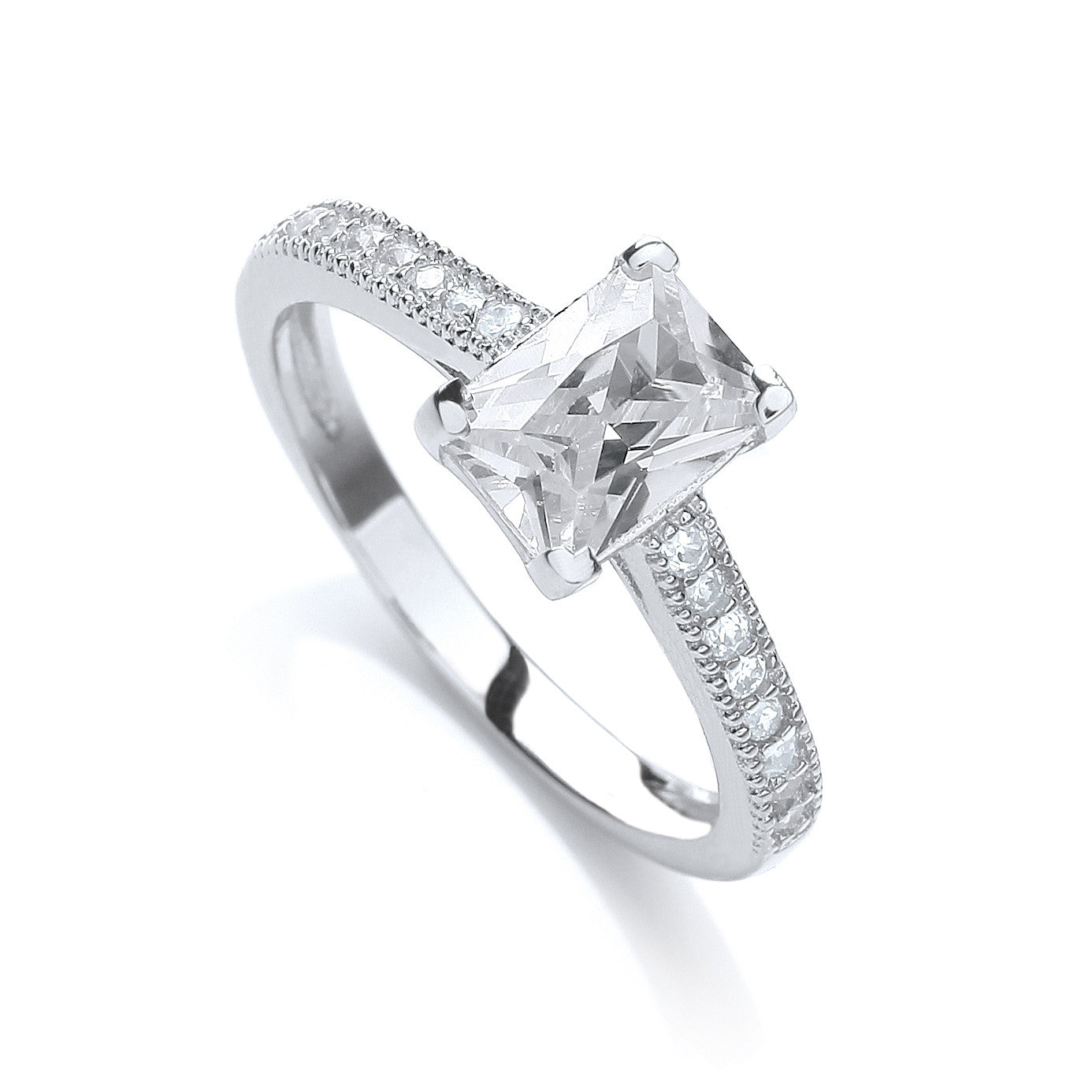 Fancy Emerald Cut Cubic Zirconia with Shoulders Ring - Silver