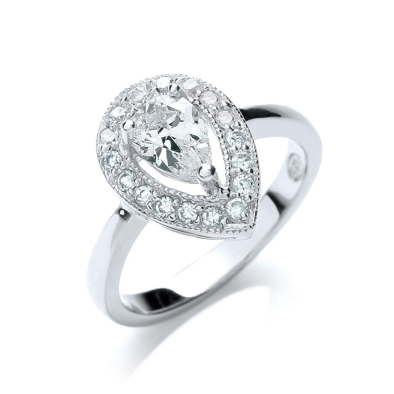 Fancy Pear Shape Halo Style Cubic Zirconia Ring - Silver